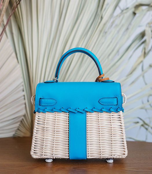 Hermes Mini Kelly Picnic 20cm Bag Woven Wicker Blue Imported Leather Silver Metal