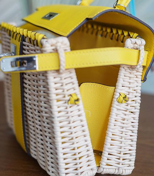 Hermes Mini Kelly Picnic 20cm Bag Woven Wicker Yellow Imported Leather Silver Metal