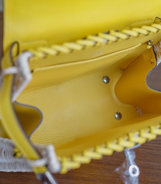 Hermes Mini Kelly Picnic 20cm Bag Woven Wicker Yellow Imported Leather Silver Metal
