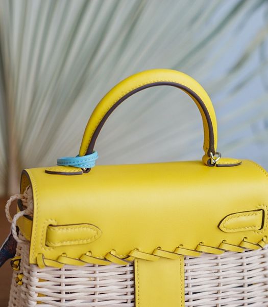 Hermes Mini Kelly Picnic 20cm Bag Woven Wicker Yellow Imported Leather Silver Metal