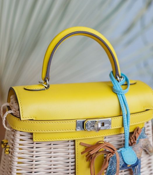 Hermes Mini Kelly Picnic 20cm Bag Woven Wicker Yellow Imported Leather Silver Metal