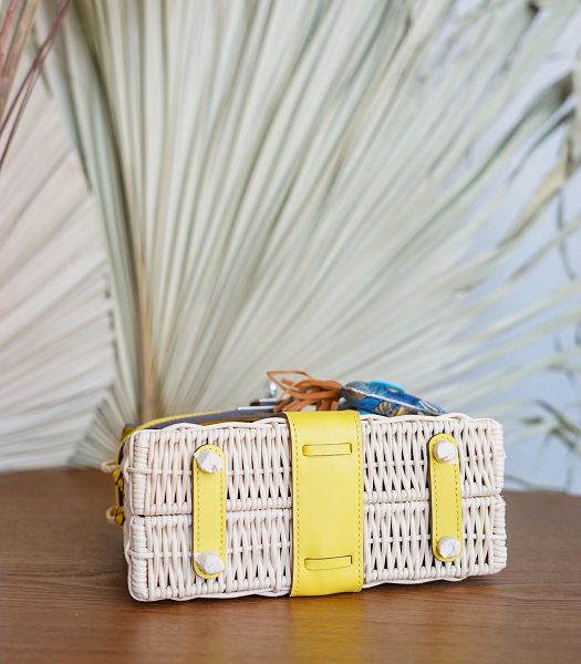 Hermes Mini Kelly Picnic 20cm Bag Woven Wicker Yellow Imported Leather Silver Metal