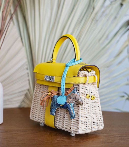 Hermes Mini Kelly Picnic 20cm Bag Woven Wicker Yellow Imported Leather Silver Metal