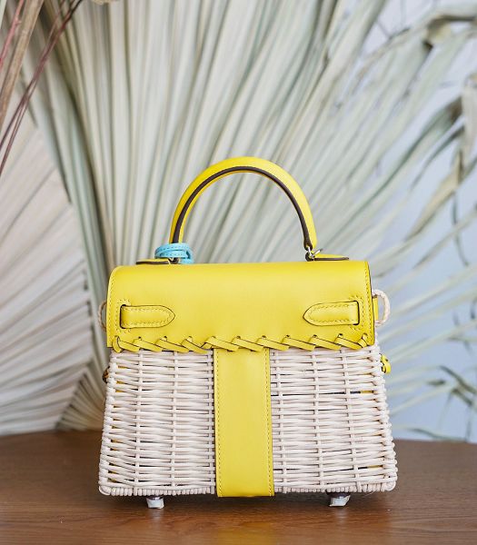 Hermes Mini Kelly Picnic 20cm Bag Woven Wicker Yellow Imported Leather Silver Metal
