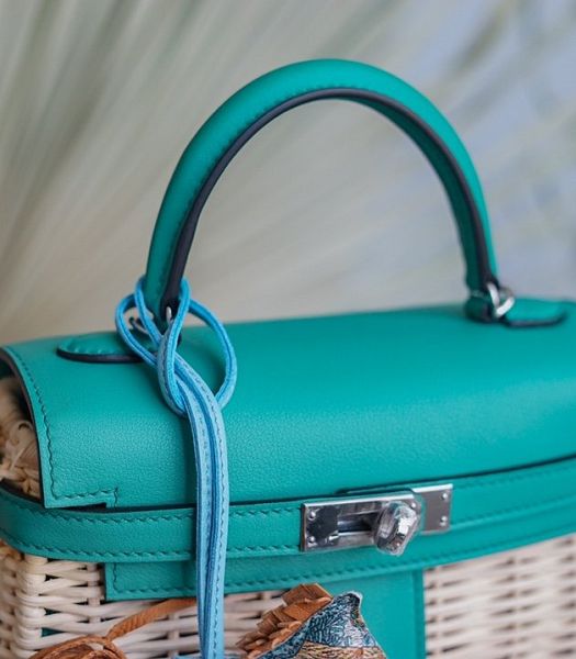 Hermes Mini Kelly Picnic 20cm Bag Woven Wicker Lake Green Imported Leather Silver Metal