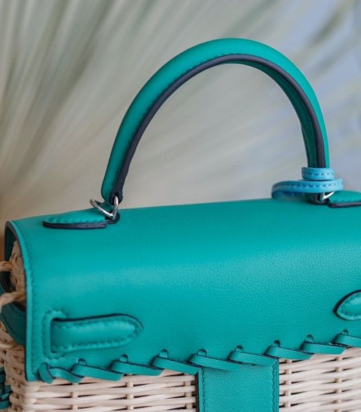 Hermes Mini Kelly Picnic 20cm Bag Woven Wicker Lake Green Imported Leather Silver Metal