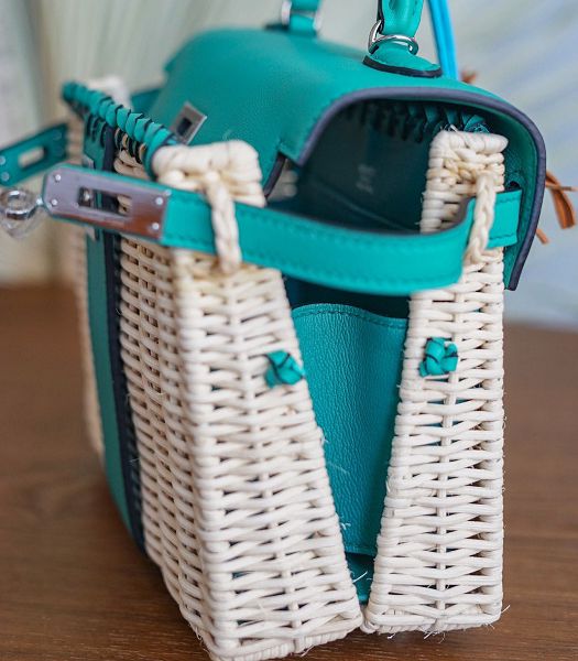 Hermes Mini Kelly Picnic 20cm Bag Woven Wicker Lake Green Imported Leather Silver Metal