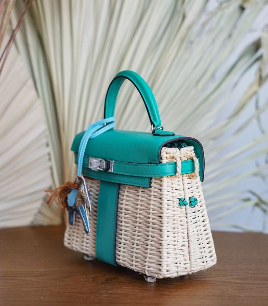 Hermes Mini Kelly Picnic 20cm Bag Woven Wicker Lake Green Imported Leather Silver Metal