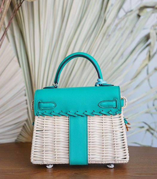 Hermes Mini Kelly Picnic 20cm Bag Woven Wicker Lake Green Imported Leather Silver Metal