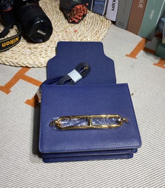 Hermes Roulis Mini 19cm Bag Sapphire Blue Imported Leather Golden Metal