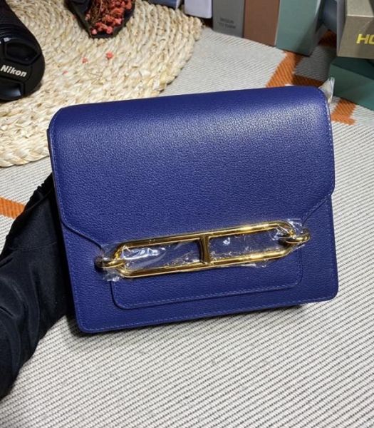 Hermes Roulis Mini 19cm Bag Sapphire Blue Imported Leather Golden Metal