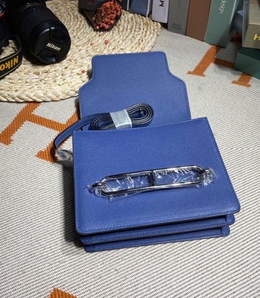 Hermes Roulis Mini 19cm Bag Blue Imported Leather Silver Metal