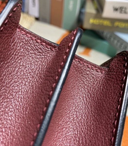 Hermes Roulis Mini 19cm Bag Wine Red Imported Leather Silver Metal