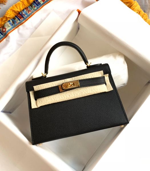 Hermes Kelly 19cm Bag Black Imported Palm Veins Leather Golden Metal