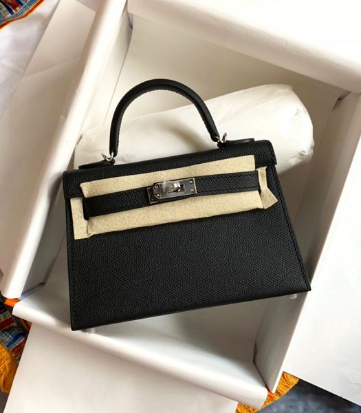 Hermes Kelly 19cm Bag Black Imported Palm Veins Leather Silver Metal