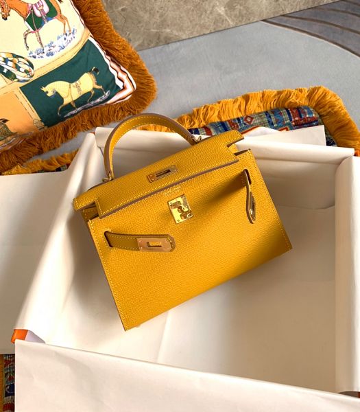 Hermes Kelly 19cm Bag Amber Yellow Imported Palm Veins Leather Golden Metal