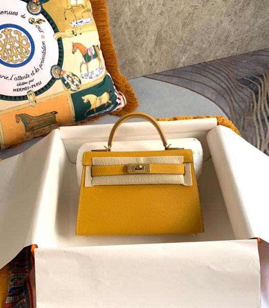 Hermes Kelly 19cm Bag Amber Yellow Imported Palm Veins Leather Golden Metal