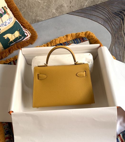 Hermes Kelly 19cm Bag Amber Yellow Imported Palm Veins Leather Golden Metal