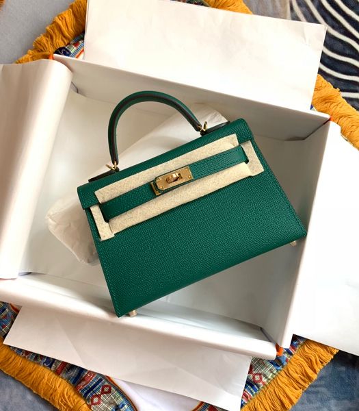 Hermes Kelly 19cm Bag Malachite Green Imported Palm Veins Leather Golden Metal