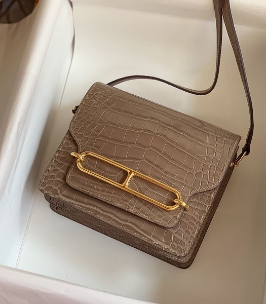 Hermes Roulis Mini 19cm Bag Apricot Croc Pattern Leather Golden Metal