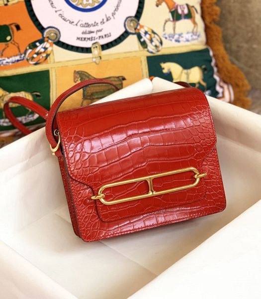 Hermes Roulis Mini 19cm Bag Red Croc Pattern Leather Golden Metal