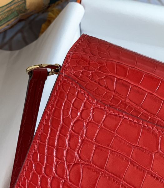 Hermes Roulis Mini 19cm Bag Red Croc Pattern Leather Golden Metal