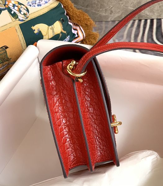 Hermes Roulis Mini 19cm Bag Red Croc Pattern Leather Golden Metal