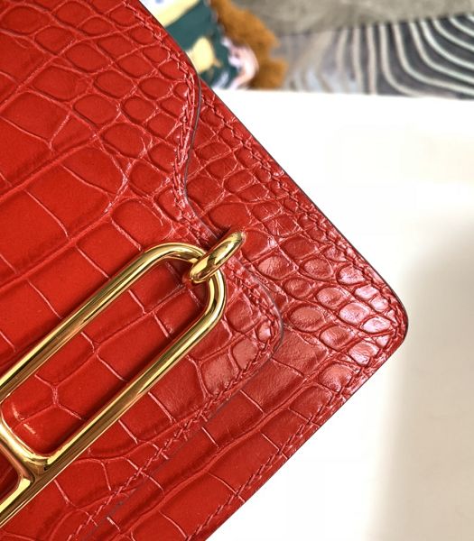 Hermes Roulis Mini 19cm Bag Red Croc Pattern Leather Golden Metal