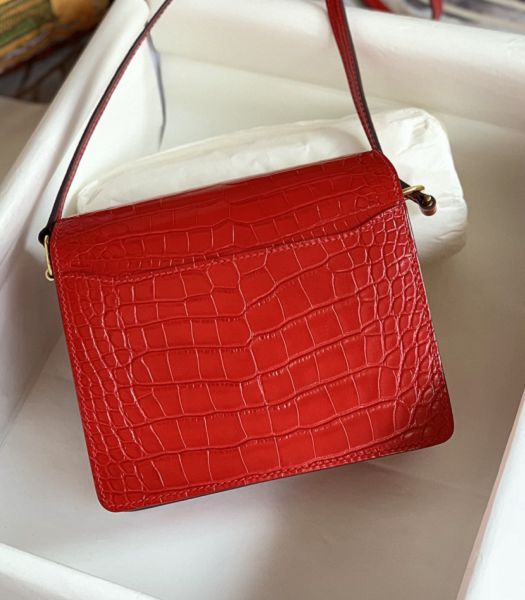 Hermes Roulis Mini 19cm Bag Red Croc Pattern Leather Golden Metal