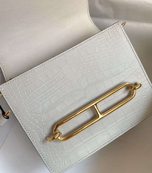 Hermes Roulis Mini 19cm Bag White Croc Pattern Leather Golden Metal