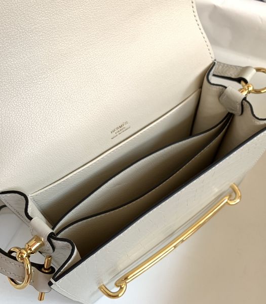Hermes Roulis Mini 19cm Bag White Croc Pattern Leather Golden Metal