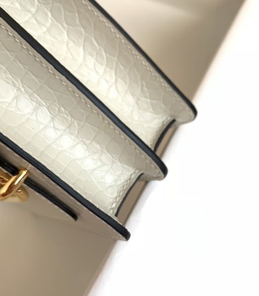 Hermes Roulis Mini 19cm Bag White Croc Pattern Leather Golden Metal