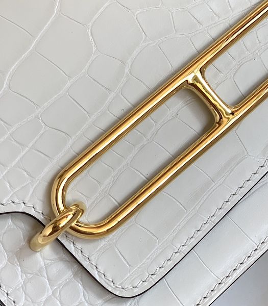 Hermes Roulis Mini 19cm Bag White Croc Pattern Leather Golden Metal