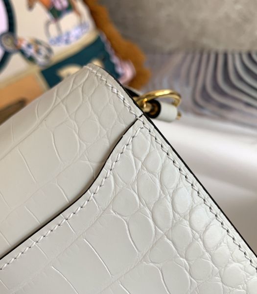 Hermes Roulis Mini 19cm Bag White Croc Pattern Leather Golden Metal