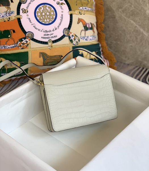 Hermes Roulis Mini 19cm Bag White Croc Pattern Leather Golden Metal