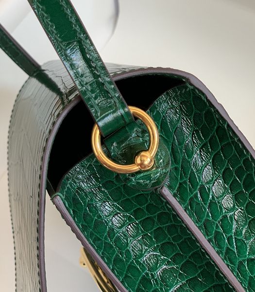 Hermes Roulis Mini 19cm Bag Green Croc Pattern Leather Golden Metal