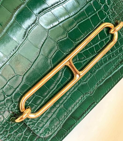 Hermes Roulis Mini 19cm Bag Green Croc Pattern Leather Golden Metal