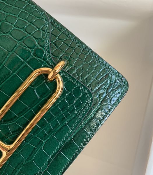 Hermes Roulis Mini 19cm Bag Green Croc Pattern Leather Golden Metal