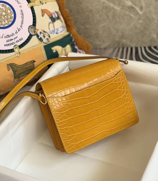 Hermes Roulis Mini 19cm Bag Yellow Croc Pattern Leather Golden Metal