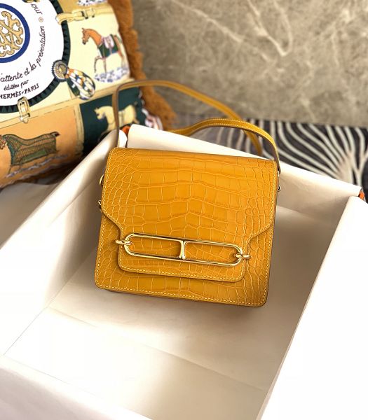 Hermes Roulis Mini 19cm Bag Yellow Croc Pattern Leather Golden Metal