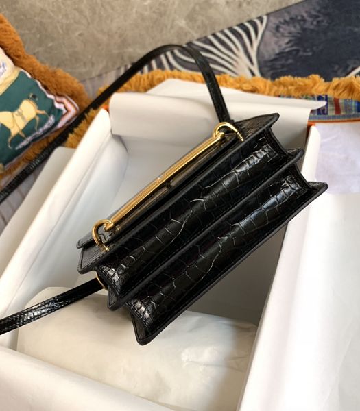 Hermes Roulis Mini 19cm Bag Black Croc Pattern Leather Golden Metal