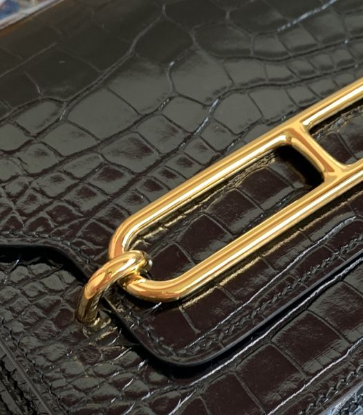 Hermes Roulis Mini 19cm Bag Black Croc Pattern Leather Golden Metal