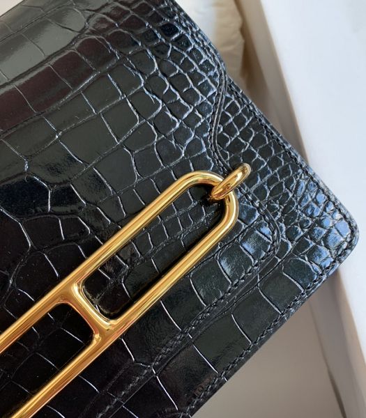 Hermes Roulis Mini 19cm Bag Black Croc Pattern Leather Golden Metal