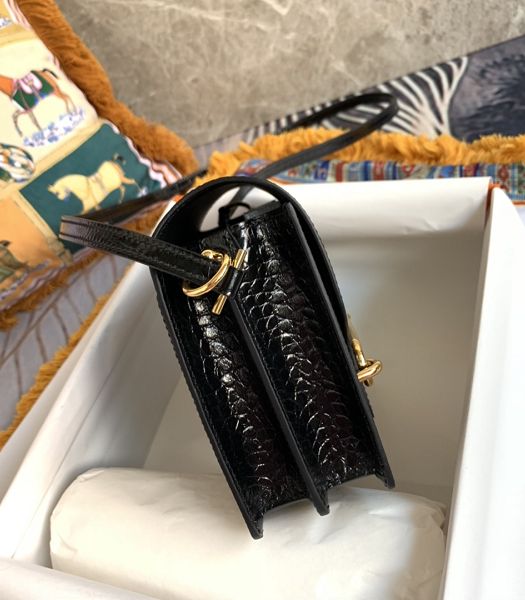 Hermes Roulis Mini 19cm Bag Black Croc Pattern Leather Golden Metal