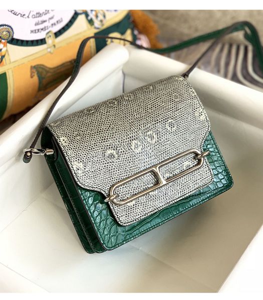 Hermes Roulis Mini 19cm Bag Green Croc Veins With Grey Lizard Leather Silver Metal