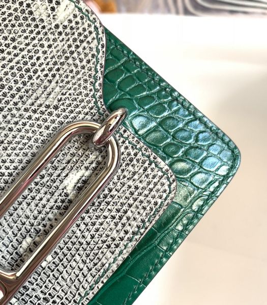 Hermes Roulis Mini 19cm Bag Green Croc Veins With Grey Lizard Leather Silver Metal