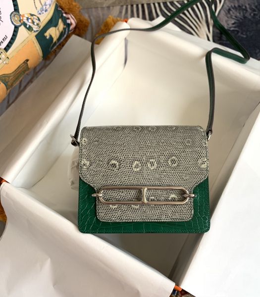 Hermes Roulis Mini 19cm Bag Green Croc Veins With Grey Lizard Leather Silver Metal