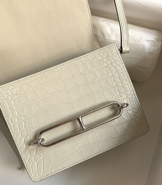 Hermes Roulis Mini 19cm Bag White Croc Veins With Grey Lizard Leather Silver Metal