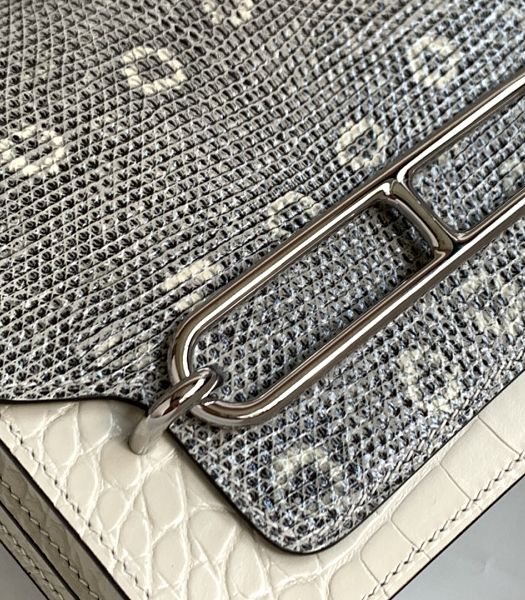 Hermes Roulis Mini 19cm Bag White Croc Veins With Grey Lizard Leather Silver Metal