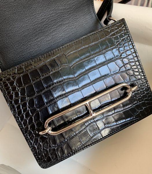 Hermes Roulis Mini 19cm Bag Black Croc Veins With Grey Lizard Leather Silver Metal